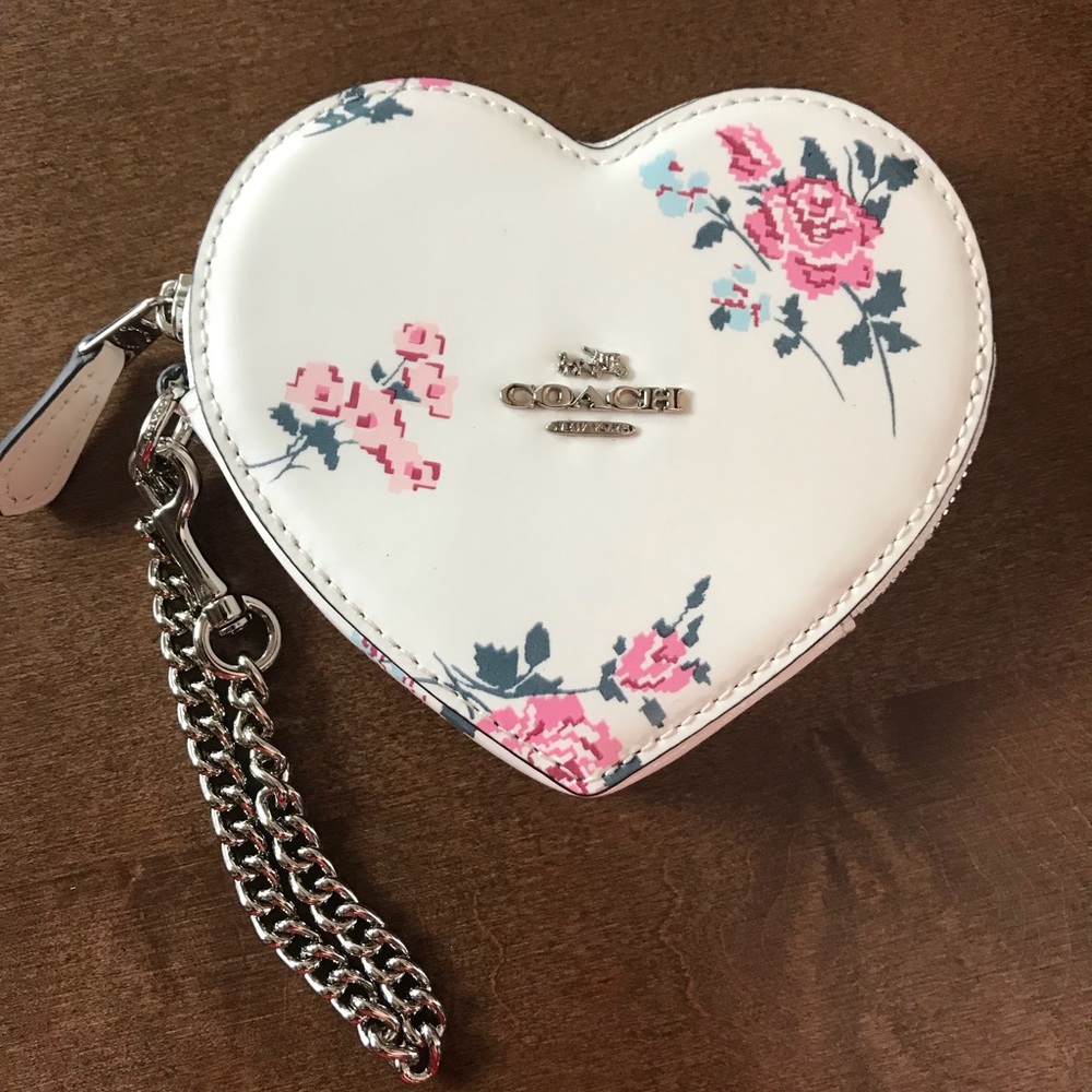 Coach Patent Heart Shape Floral Print Coin Case